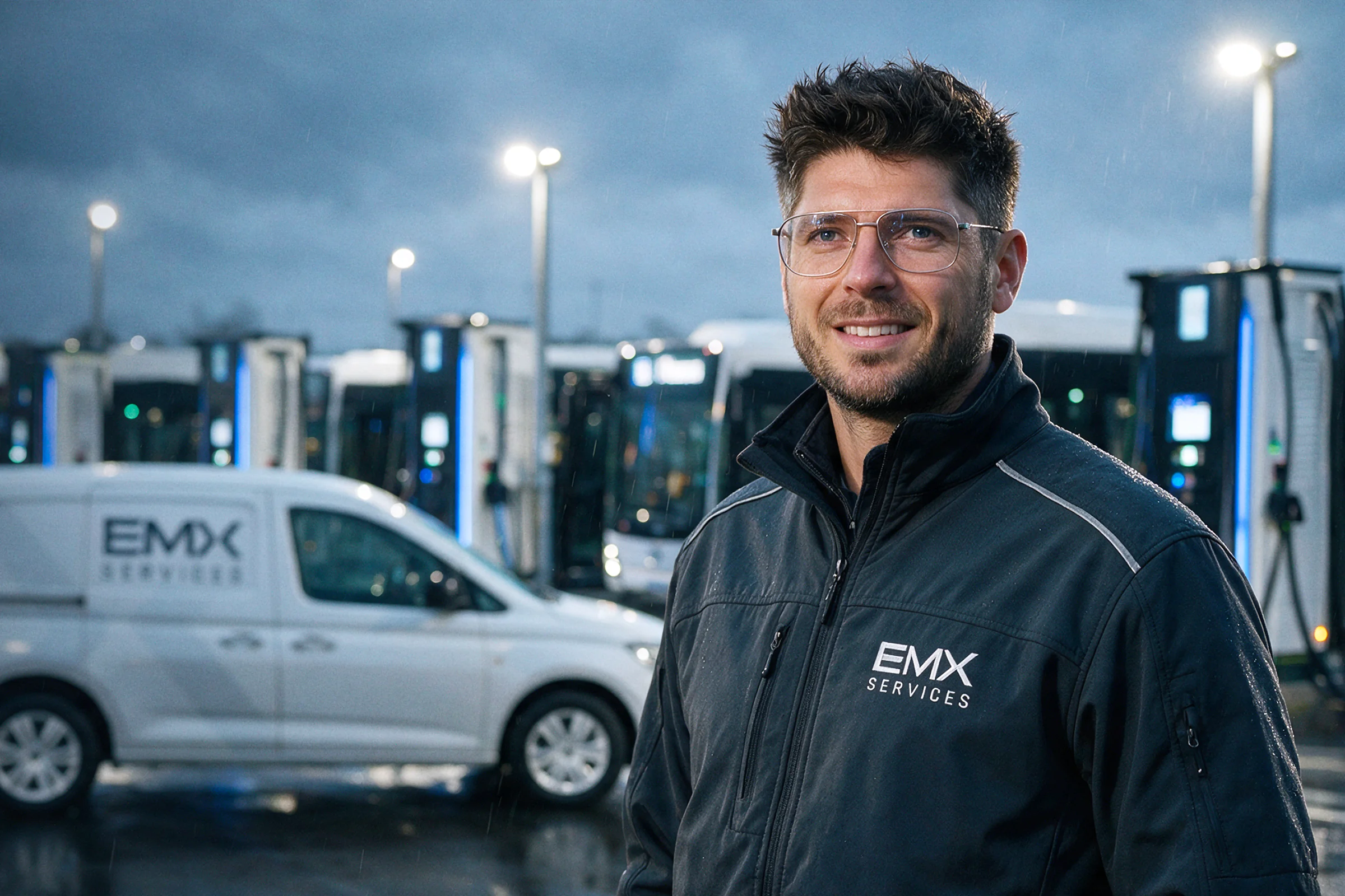 Technik EMX SERVICES przy stacji ładowania pojazdów elektrycznych.